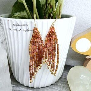Brown & Gold Beaded Fringe Cascade Shoulder Duster Dangle Earrings, 3.5"
